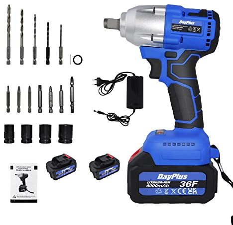 420Nm Radschlüssel elektrisch für Auto Reifen Gerüst Lug Nut Removal Wheel Brace, 3200RMP, 2 x 6.0Ah Li-Ion Batterie, 4 Sockel und 12 Bohrer