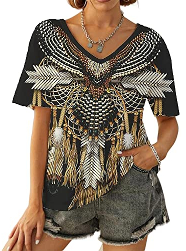 KCatsy Women Summer Graphic T-Shirt Human Face Feather Spider Owl Native American National V-Neck Short Sleeve Loose Top Blouse 3XL 18 C-White