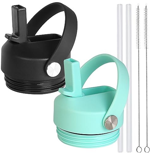 Straw lid for Yeti Rambler Water Bottle 18 26 36 64 oz, Replacement Cap Straw Cap for RTIC 18oz 26oz 36oz, Lid with Straw and Brush and Flexible Handle (Black Seafoam)