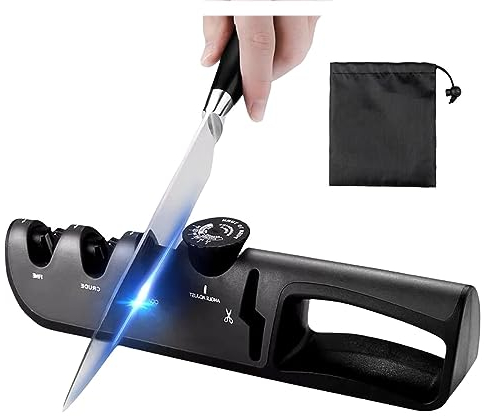 MUNSKT Professional Knife Scissor Sharpener with Storage Bag, 4 in 1 Adjustable Multi Angle Sharpening Polishing Tool with Ergonomic Handle and Non-Slip Base, Safe Effortless Kitchen Accessory