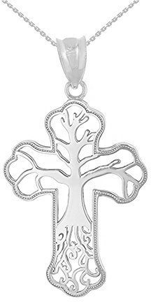 Solid 9 carati 375 Oro Bianco Albero della Vita Croce Filigrana Celtica Ciondolo Collana (Lunghezza Catena Disponibile 40cm - 45cm - 50cm - 55cm) 40cm
