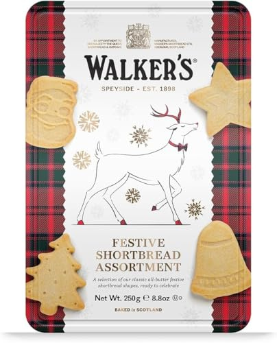 Walker’s Assorted Shortbread Cookies in Festive Shapes - Reindeer Shortbread Cookie Tin (8.8 oz) - Includes Christmas Tree, Bell, Star and Santa Claus Shaped Christmas Cookies in Tin