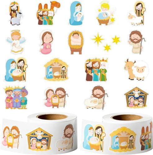 PANTIDE 1000Stück Niedlich Krippe Aufkleber für Kinder Karikatur Eine Krippe basteln Aufkleber Religiöse Erziehung Geschenkanhänger Einpacken Aufkleber Geburtstag Weihnachten Party Dekoration Zubehör