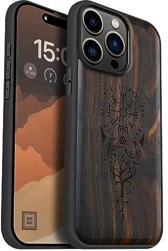 Carveit Magnetic Wood Case for iPhone 15 Pro Max [Solid Wood & Black Soft TPU] Shockproof Protective Cover Unique Wooden Case Compatible with magsafe (Viking Compass Vegvisir -Blackwood)