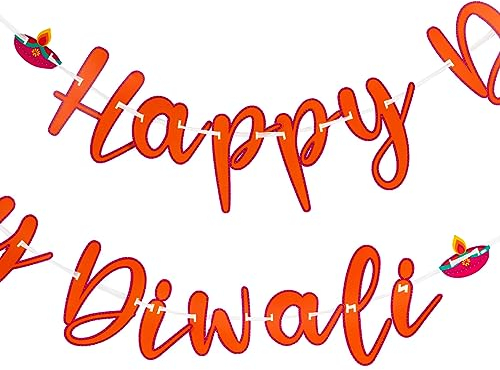 Talking Tables Diwali Party-Dekorationen zum Aufhängen, Wiederverwendbare Wimpelkette für Ihre Feier. Das Willkommensgirlandenschild kommt in leuchtendem Orange mit einem bunten Kerzendesign an jedem