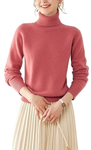 DISSA Pull Cachemire Femme Col Roulé Rose Solide Couleur Tricoté en Vrac Manches Longues épais Pull en Cachemire et Laine,40,RMS3323