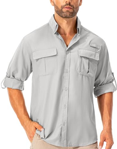 Asfixiado Camicia da uomo Safari UPF50+, protezione UV, da trekking, da uomo, a maniche lunghe, funzionale, traspirante, ad asciugatura rapida, casual, con bottoni, grigio., L