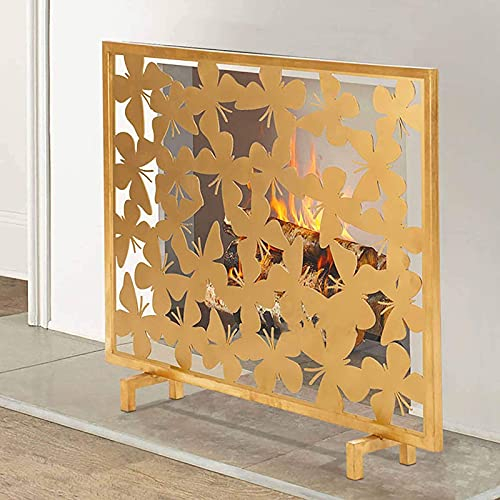 Kamin-Funkenschutz, Gold-Metall-Eisen-Kaminschutz, Feuerschutz mit feinem Gitter, freistehende Einzelpaneel-Schutzabdeckung mit Schmetterlingsdekor Yearn for