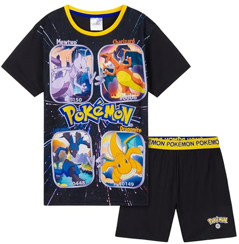 Pokemon Boys Short Pyjamas Set, Breathable Lounge Wear - Gifts for Boys (Black/Yellow, 13-14 Years)