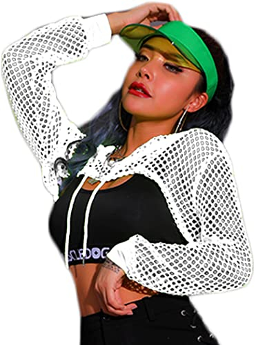 Avidlove Damen Sexy Top Langarm Oberteil Mesh Hoodie Festival Outfit Crop Shirt Neon Netzoberteil Fischnetz Kapuze Halloween Rave Weiß L