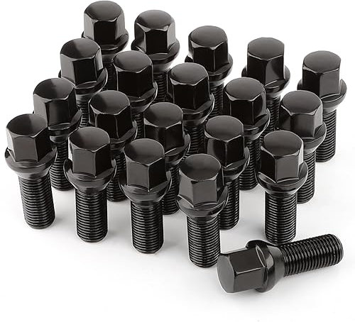 GAsupply 20pcs Tapered Seat Alloy Wheel Bolts | M14x1.5, 28mm Thread, 17mm Hex | Replacement Bolt Kit for Most Audi Volkswagen(Black)