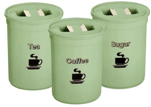 SIDSONS 3 Piece Set Tea Coffee Sugar Canister Set 850ml Plastic Round Home Kitchen Tea Coffee Sugar Container Tin Airtight Storage Jars Set (pastel green)