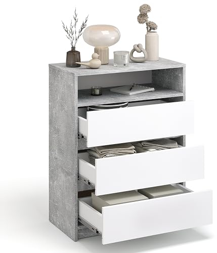 KOMTO Kommode mit 3 Schubladen - Komodenschrank für Schlafzimmer Schubladenkommode mit 1 offenen Fächern für Wohnzimmer | Sideboard Leon Beton/Weiß 70 x 37 x 90 cm