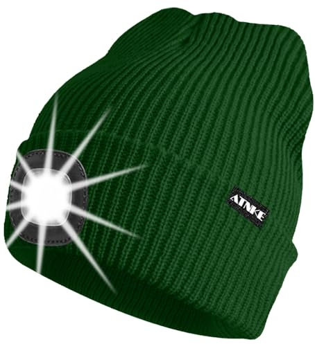 ATNKE Unisex LED Mütze mit Licht,Wiederaufladbare USB 4 LED Beleuchtete Laufmütze Extrem Heller Lampe Winter Warme Stricken Mütze für Herren und Damen Geschenke/Green
