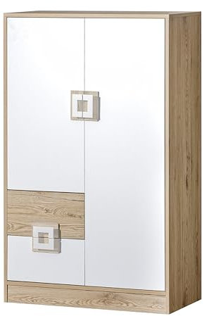 MINIO go for it - Kommode Nimes 7, 80x130x40 cm, Kommode mit Schubladen x2, Sideboard mit 2 Türen, Komode mit 3 Einlegeböden, Komodenschrank, Kugelgelagerte Führungen, Eiche Hell/Weiß