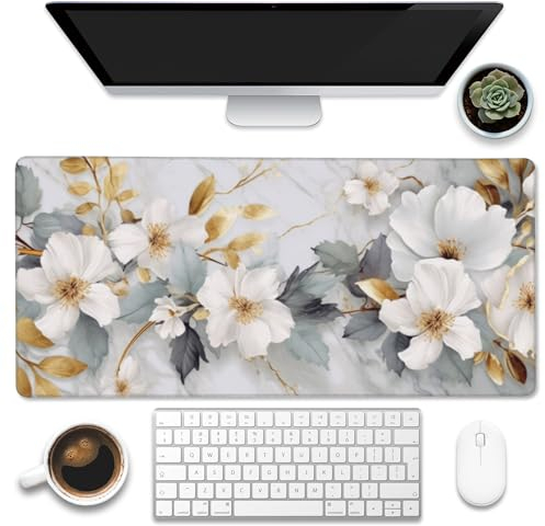 Eflxamz Schreibtischunterlage, weiß-goldener Marmor, weiße Blumen, goldene Blätter, großes Gaming-Mauspad für den Schreibtisch, erweiterte große Computer-Tastatur, Mauspad mit rutschfester Unterseite