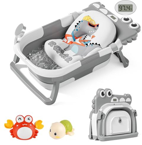 TPN Faltbare Baby-Badewanne für Säuglinge bis Kleinkinder, mit Echtzeit-Temperaturmonitor + schwimmendem Kissen, faltbares Baby-Badewannen-Set, anwendbar 0–36 Monate, perfekte tragbare Reise-Babywanne