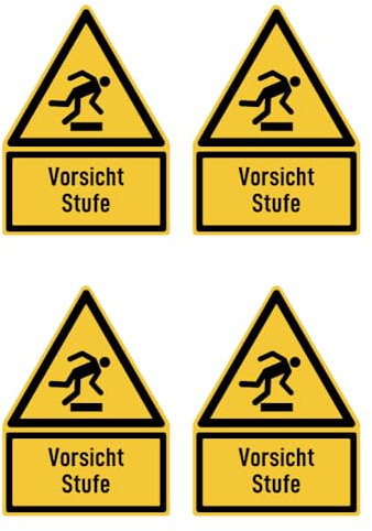 Aufkleber: 112.5x75 mm, 4 Stück - Vorsicht Stufe - Warnzeichen mit Text (deutsch) (gelb/schwarz) - Dreick - W007 - DIN EN ISO 7010 / ASR A1.3