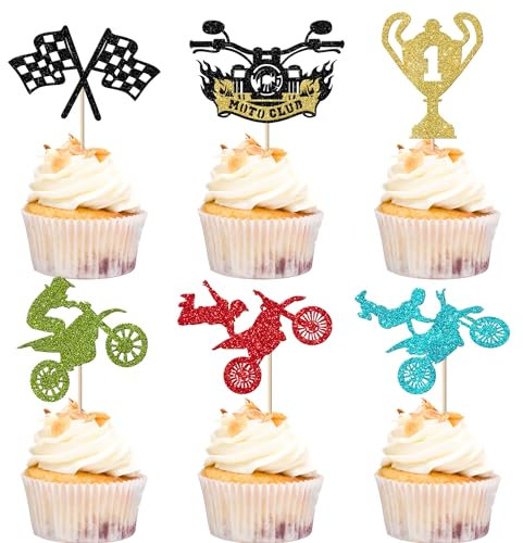 Xsstarmi 24 Pack Motorcycle Cupcake Toppers Glitter Motocross Dirt Bike Cupcake Picks Trophy Racing Cupcake Decorations for Sports Motocross Theme Birthday Party Cake Decorations