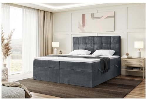 MEBLINI Boxspringbett mit Bettkasten - 160x220 - H4/Dunkelgrau Samt - Kai - Gepolstert Doppelbett mit Matratze und Topper - Polsterbett mit Stauraum - Bett mit Kopfteil - Stauraumbett