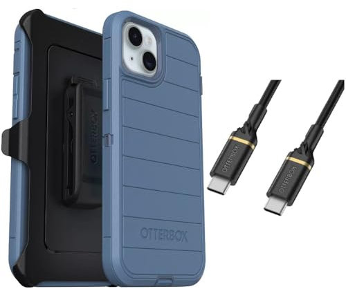 OtterBox Paket für iPhone 15 Plus (nur) - Defender Series Case - Baby Blue Jeans (blau) - Holsterclip im Lieferumfang enthalten - Mikrobieller Abwehrschutz - USB-C auf USB-C Kabel - Nicht in
