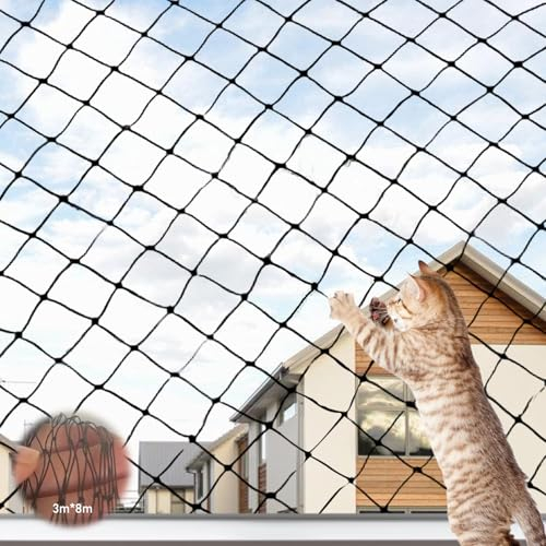 Aicharynic Katzennetz für Balkon, 3 x 8 m Katzenschutznetz Balkonnetz für Katzen 2.5×2.5cm Maschengröße Katzennetz Balkon Ohne Bohren Katzennetz Fenster Geeignet für Balkone Treppen Fenster Terrassen