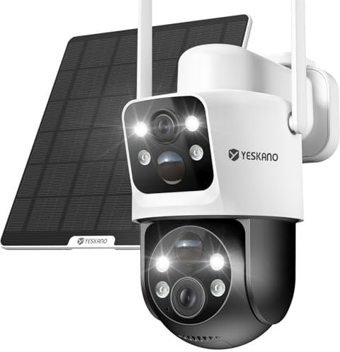 Camara Vigilancia Wifi Exterior con Doble Lente, Cámara Exterior Solar con Panel Solar 6W, Camara Exterior Wifi Ptz 360° App Remoto, Visión Nocturna Color, Voz Bidireccional , Estanqueidad IP66