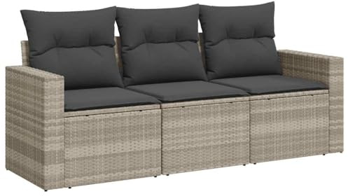 vidaXL Garten Sofa Garnitur 3-TLG., Gartenmöbel Set mit Kissen, Sitzgruppe für Garten Terrasse, Modular Gartensofa Lounge, Hellgrau Poly Rattan
