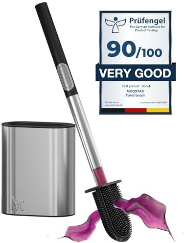 MooStar 1-Pack Silicon Toilet Brush with Holder - Stainless Steel Wall-Mounted & Free-Standing Toilet Brushes and Holders with Quick-Drying Flexible Flat Brush Head & Soap Dispenser for Bathroom