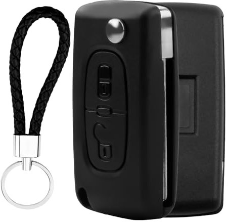 CE0523 2 Boutons Coque cle avec Porte-Clés en Cuir, Coque de Clé de Voiture Coque Clé Télécommande Plip 2 Boutons Compatible avec 207 307 308 5008 3008, C2 C3 C4 C5 C6