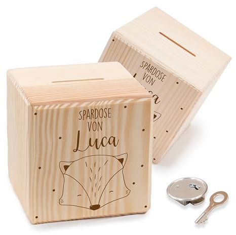KIDSMOOD - Spardose Kinder aus Holz mit Schlüssel – Sparschwein Kinder, Personalisiert mit Namen & niedlichen Motiven – Sparbox zum Geld sparen Kinder