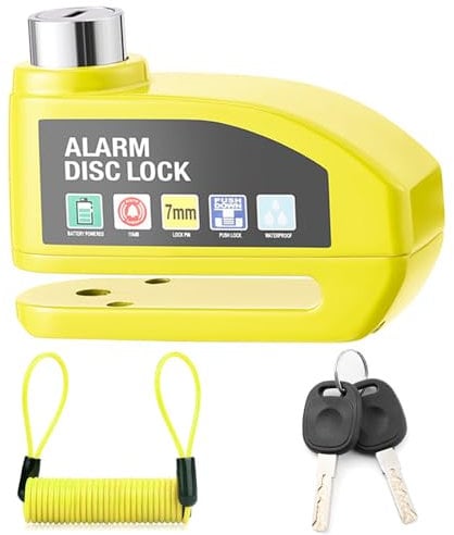 WKN Alarm Disc Lock Motorbike Security - Anti Theft Brake Disc Alarm, 110db, Yellow, 1 Pack, Physical Control, Motorcycle, Scooter, Bicycle