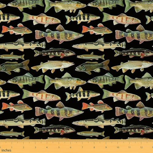 Loussiesd Kinder Angeln Stoff 92x150cm Vintage Hecht Fisch Stoff Meterware für Stühle Stoffpaket Angeln und Jagd Dekorative Patchwork Stoffe Frauen Männer