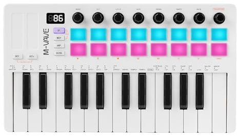 Nikou M-VAVE Upgrade MIDI Keyboard Controller, USB Mini 25 Keys Rechargeable Arranger Keyboard Portable Keybed Electric Music with RGB Drum Pads, Built-in Battery (White)