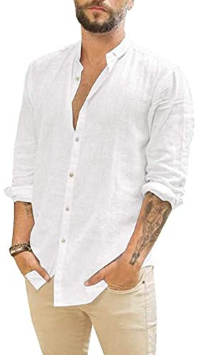 Rodawu Mens Shirts Long Sleeve Cotton Linen Shirts Casual Summer Shirts Lightweight Beach Tops Fashion White Shirt 2XL