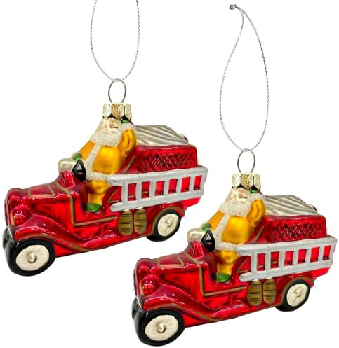 2 Stück Feuerwehrauto mit Weihnachtsmann 10cm zum Hängen Glas Christbaumschmuck Geschenkanhänger Dekoanhänger