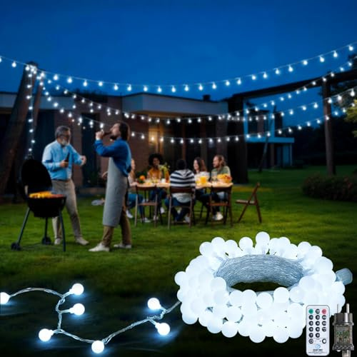 JMEXSUSS 100 LED Lichterkette Außen Innen,Weiß Globe Fairy Lights | Lichterkette Außen Innen 10 Meter, Weihnachtsbeleuchtung mit 8 Modi IP44 Wasserdicht,für Weihnachten Deko, Garten Dekoration