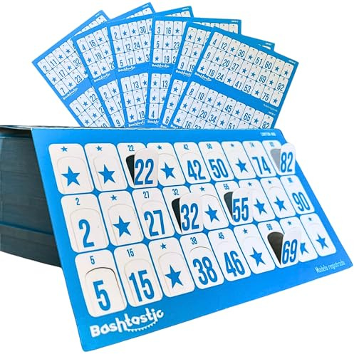 Bashtastic 1008 Cartones Bingo Troquelados - Cartones de Bingo Azul, Juego de Mesa Adulto o Bingo Electrónico, Cartones de Bingo Tradicional 90 Bolas, Reutilizables, Numerados y Distintos Entre sí.