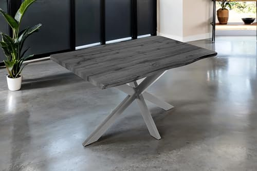 SAM Esstisch Josy | 120 x 80 cm | Holz-Optik in Grau | Spider-Gestell Metall Silber | 40 mm Tischplatte mit Baumkante | Tisch für Esszimmer & Küche