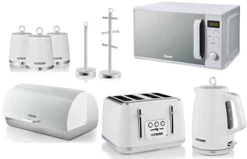 Swan Elegance White 1.7L Kettle, 4 Slice Toaster, Breadbin, Canisters, Mug Tree, Towel Pole and 800W 20L Digital Microwave. Contemporary Matching Kitchen Set of 9 with a Premium Textured White Finish