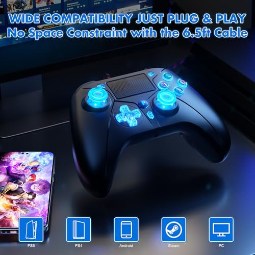 Bonacell Controller für PS-5, Kabelgebundene Gamepad-Fernbedienung mit Dual-Motor-Vibration/6-Achsen-Sensor/Turbo/3,5-mm-Audiobuchse/Touchpad für PS-3/PS-4/Pro/Slim/S-Witch/PC Schwarz