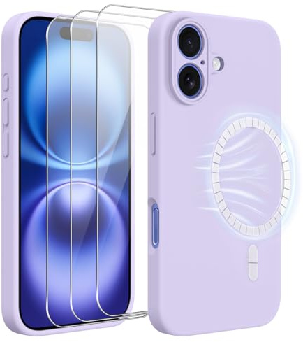 jrester Magnetische Hülle für iPhone 16 mit 3X gehärtetem Glas-Bildschirmschutz | Weiche Flüssigsilikon-Schutzhülle für iPhone 16 6.1 - Lila