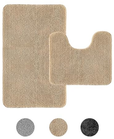 Achiiso Bath Mat,Non Slip Bathroom Mat Sets 2 Piece,Super Absorbent Toilet Mat,Beige Bathroom Rug Set,Microfiber Machine Washable Bath Mats Non Slip(Beige,U40x50cm+50x80cm)