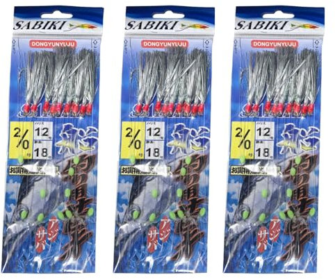 Mackerel Feathers Sea Silver Tinsel Fishing Lures Flash 10 Hook 2/0 Sabiki Rigs Cod Sea Jigs Pier Boat Lure Herring Pollock Whiting Pre Tied 10 hooks Flashes Luminous Bead (3 - Pack)