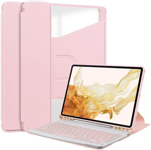 Compatibile con Samsung Galaxy Tab S9 Plus 12.4 2023 X810/X816B/X818U Custodia con tastiera, portapenne, supporto girevole a libro, custodia per tablet, funzione sleep/wake (rosa)
