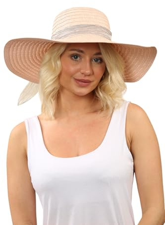 Ladies Glitter Sun Hat – Lightweight Summer Floppy Hat with Sheer Ribbon Bow, Wide Brim Sun Protection – One Size (56cm) – Pink or Blue