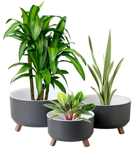 My Happy Home 3-Piece Tripot Flower Pot Set | Round Plastic Planters in 0.70L,1.30L,2.25L Sizes | Durable Decorative Plant Pots for Indoor Outdoor Use | Modern Design for Home,Balcony & Office, Gray