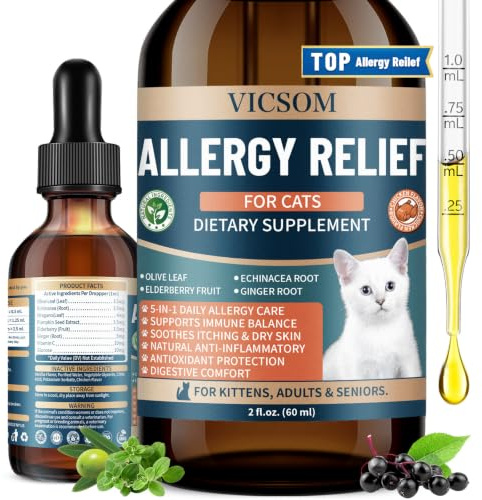 VICSOM Cat Allergy Support Drops, Cat Itchy Skin & Coat Care, 60ml | Olive Leaf, Echinacea, Elderberry & Pumpkin Seed For Skin Comfort, Coat Care And Daily Digestive Balance, Chicken Flavour.