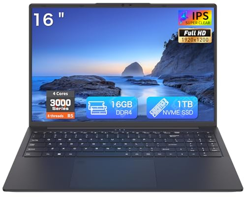 Auusda 16 Inch Laptop 16GB RAM 1TB NVMe SSD Quad-Core Processor Up to 3.7GHz 1200P IPS Display USB-C Full Function Fingerprint Login Backlit Keyboard WiFi 6 Lightweight Black Laptop