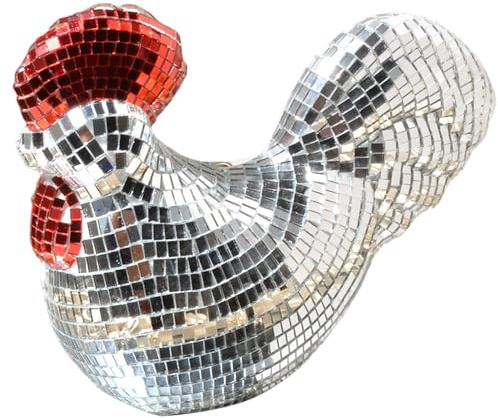 Gcroet 1 STÜCK Große Discokugel Huhn Figur Spiegelkugel Dekor mit Glasfliesen Silber Rot Disco Party Dekorationen für Zuhause Display.